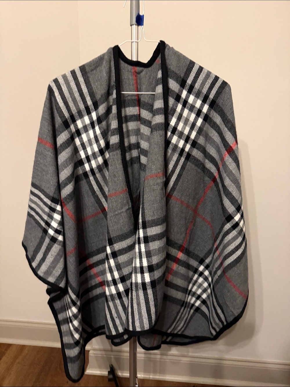 Gray Plaid Open-Front Cape Coat with Red Accent